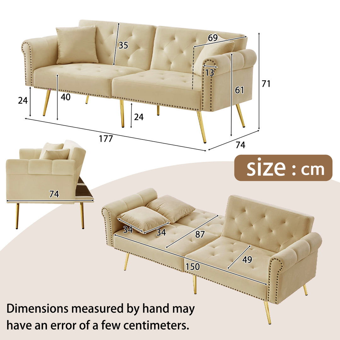 Modern upholstery velvet beige 2-seater sofa bed, adjustable backrest & gold-plated metal feet EUKARYOT