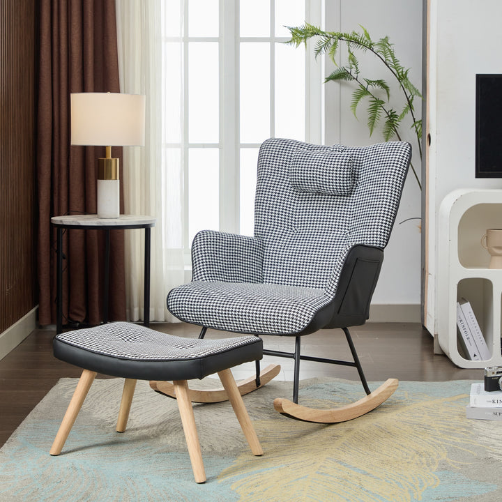 Black white houndstooth rocking chair high back with footrest CLOUDBROOK UK