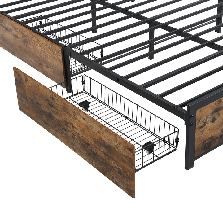 Multifunctional wooden look double bed&nbsp; with LED lighting, 2 drawers & charging ports (135x190cm) ELATERSPRING