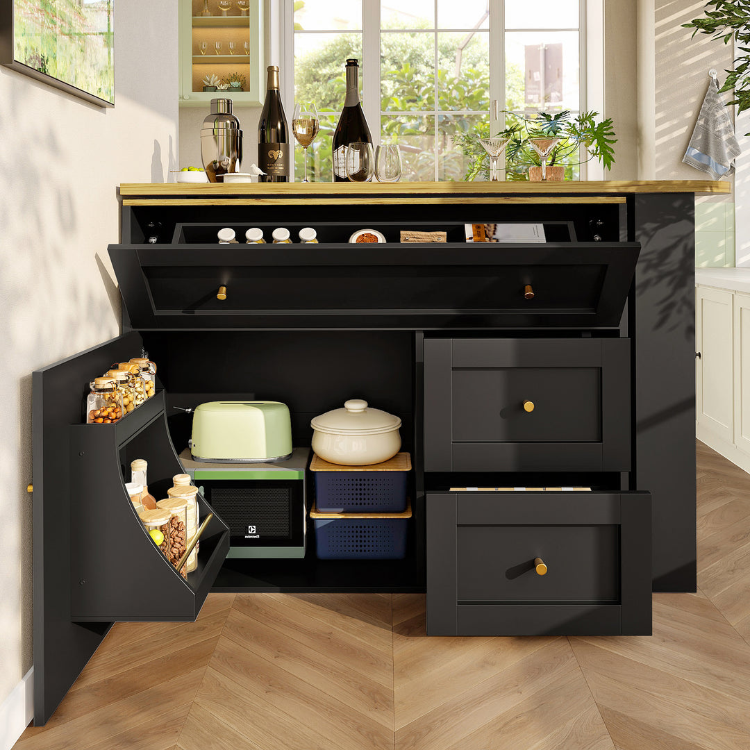 Extendable bar table black with storage kitchen cabinet with snack shelf (138-204×39×105cm) MANGROVEPROP