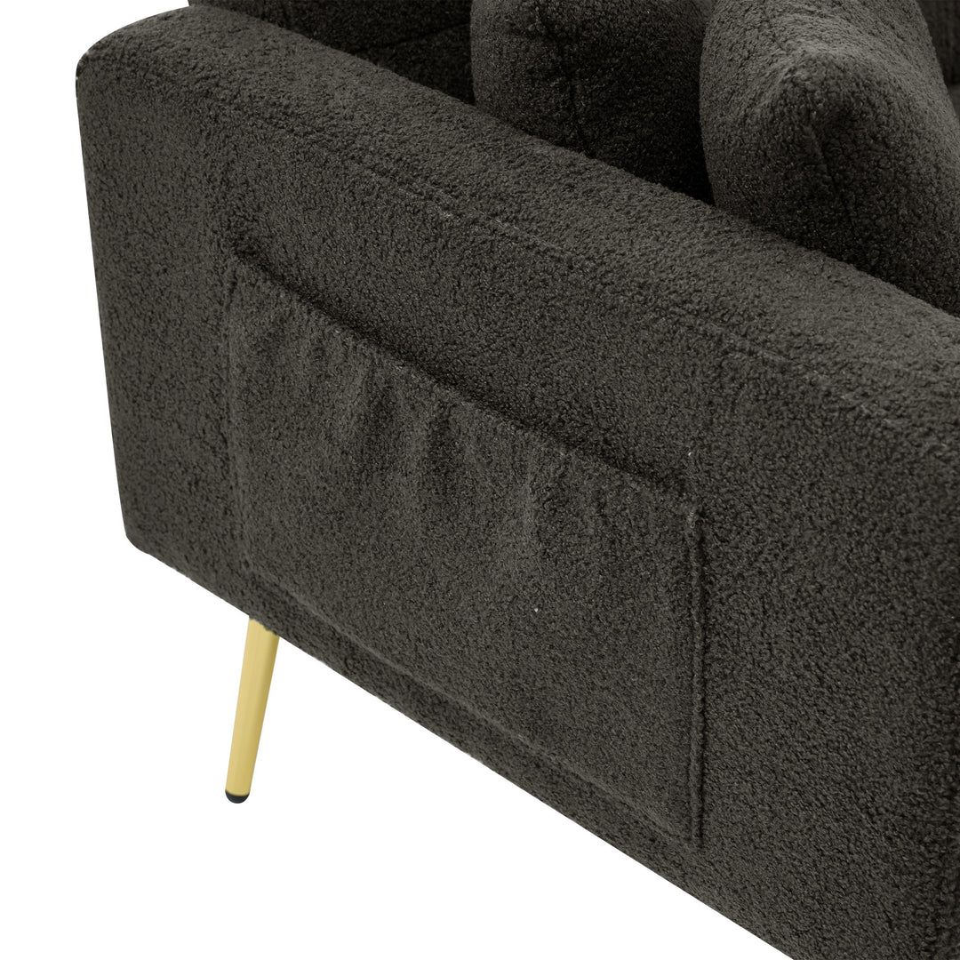 Dark grey sherpa 2-seater sofa bed with gold legs, cushions and side storage pockets VESPERA