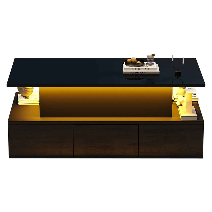 Lift top black high gloss coffee table with 4 drawers and LED lighting INFINITECASCADEE