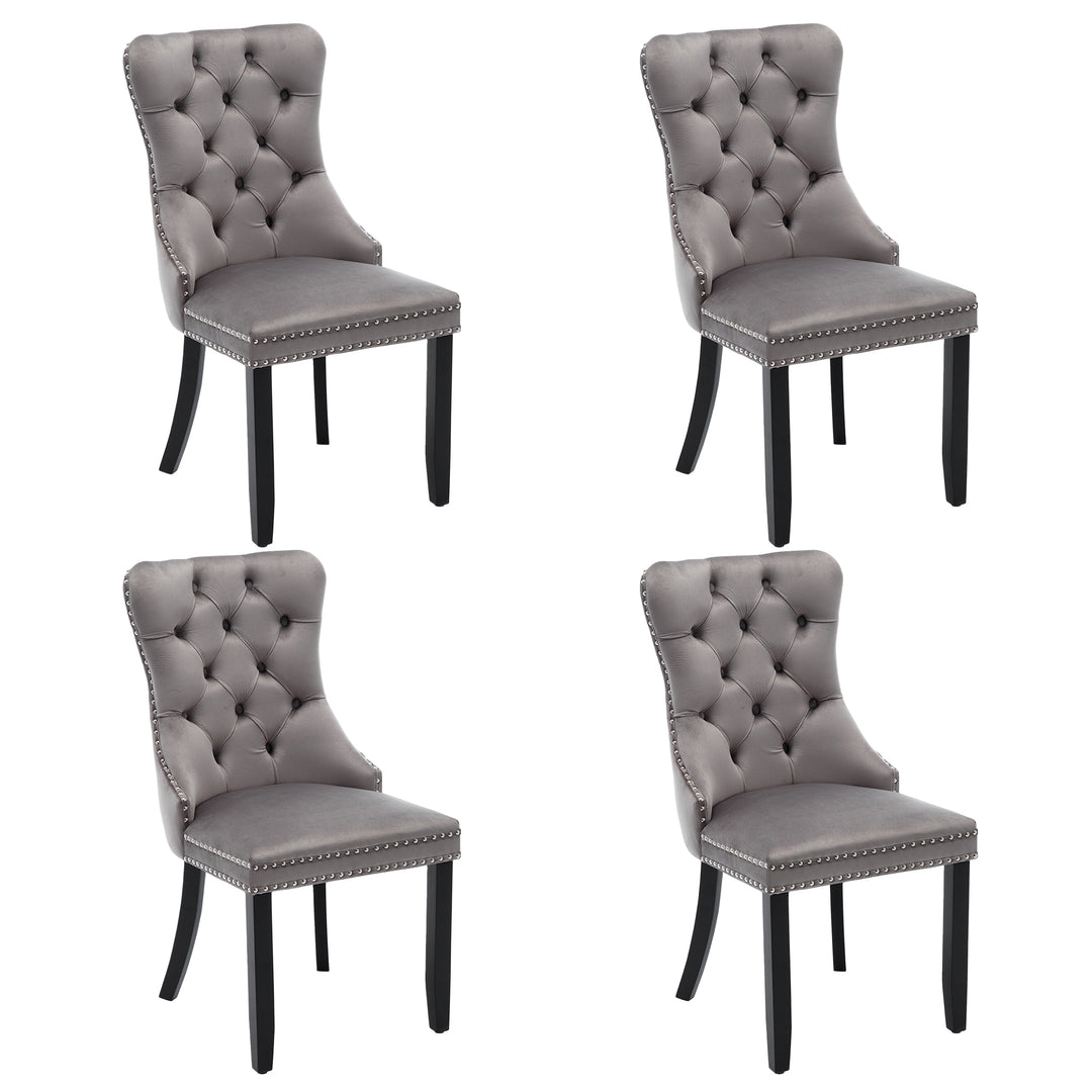 Set of 4 dining chairs velvet grey tufted with solid wood legs, nailheads and back chrome ring NOBLEE