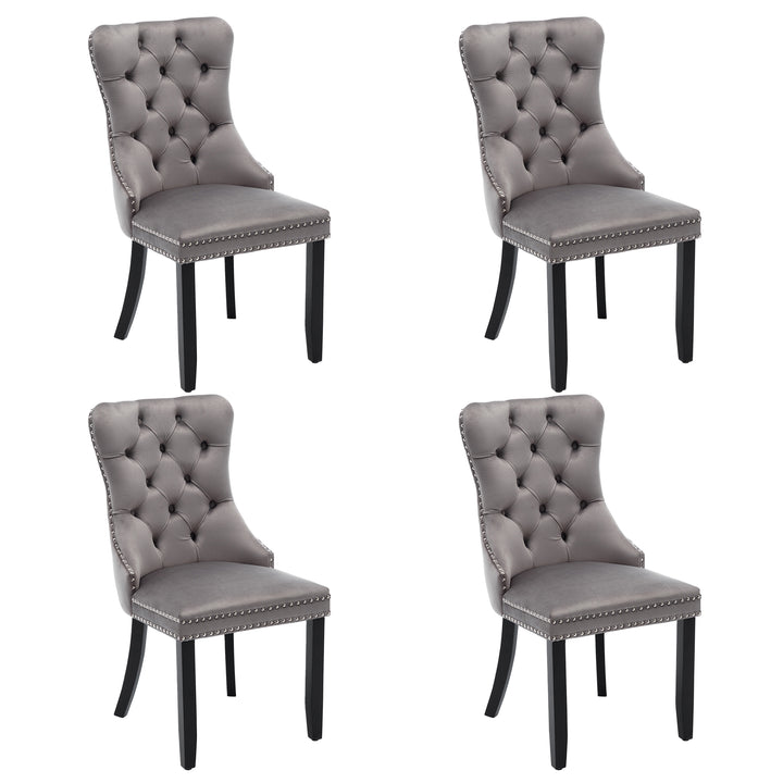 Set of 4 dining chairs velvet grey tufted with solid wood legs, nailheads and back chrome ring NOBLEE