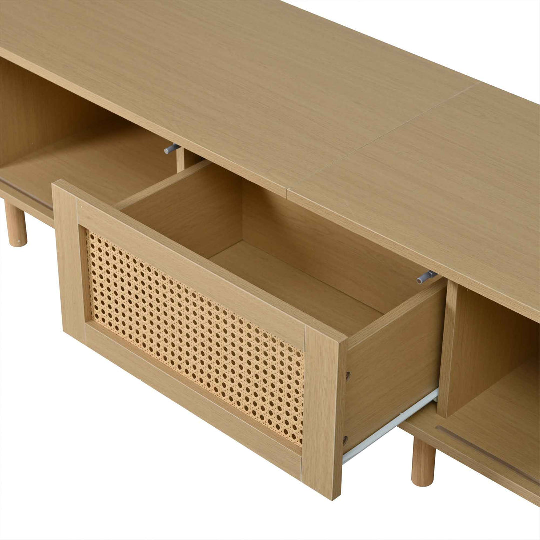 TV stand light wood 1 rattan drawer & 2 sliding doors, rounded corners 180cm