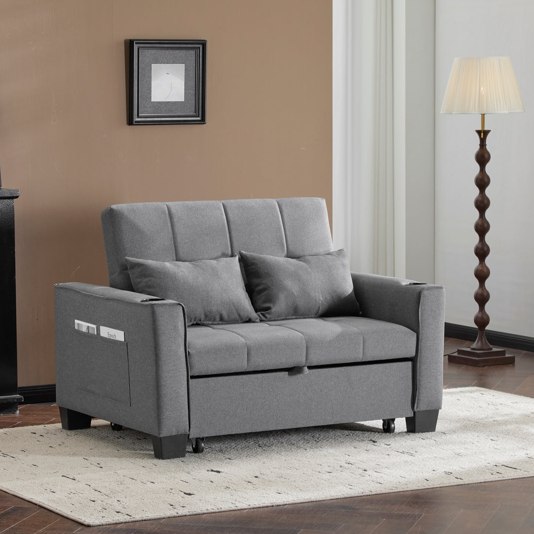 Gray fabric convertible 2-seater sofa bed pull-out design, adjustable backrest, and storage FROSTSTONE