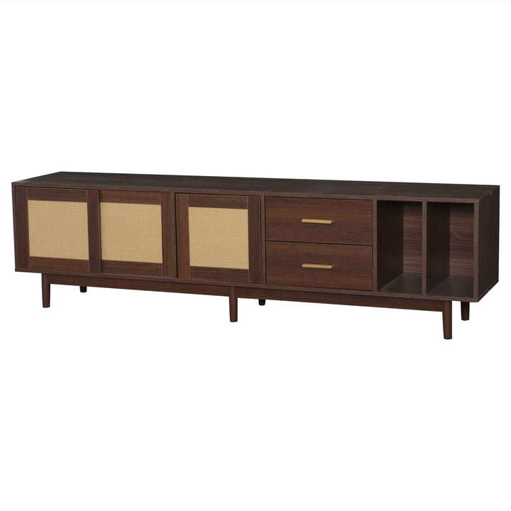 TV stand dark wood vintage look with rattan sliding doors & 2 drawers  INFINITERIF