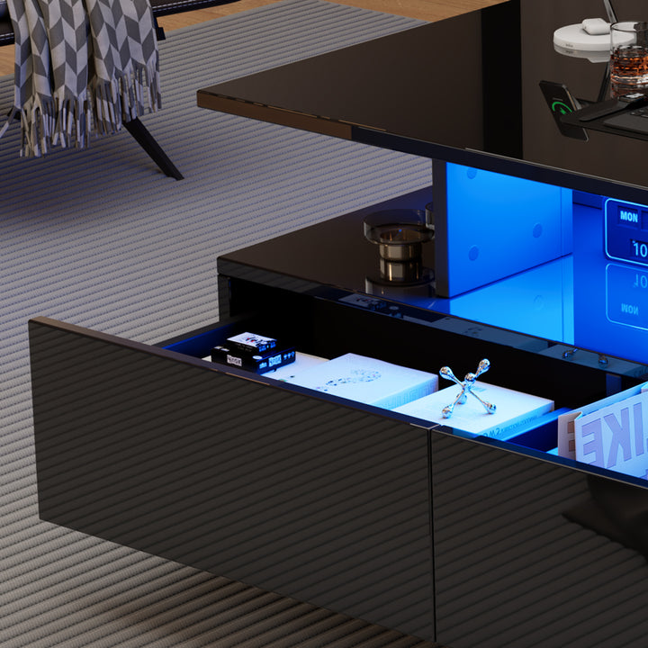 Black high-gloss coffee table 2 drawers with LED lighting ATOMSWALE