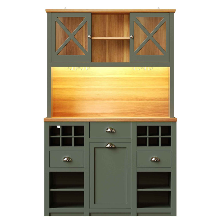 Kitchen hutche green cabinet glass doors LED lighting, wine rack, adjustable shelves