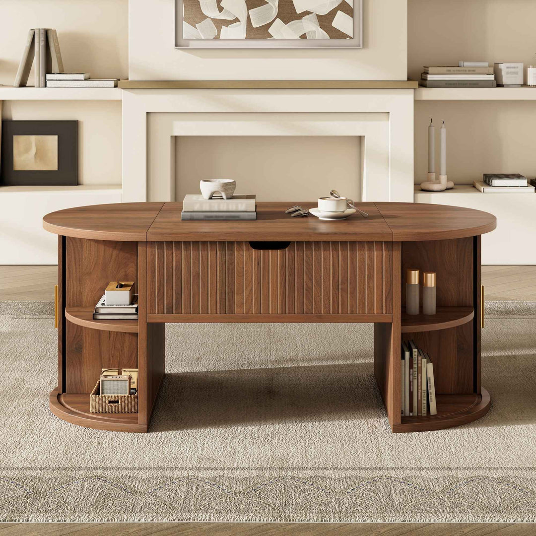 00+缺图 Retro Coffee Table 100cm Walnut MDF Lift-Top with Sliding Doors & Storage for Living Room TRUNKEDGE