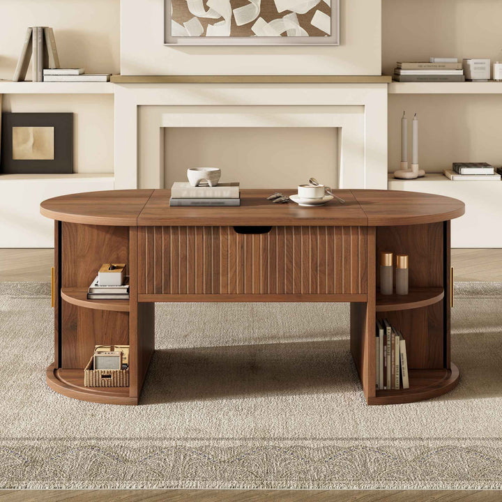 00+缺图 Retro Coffee Table 100cm Walnut MDF Lift-Top with Sliding Doors & Storage for Living Room TRUNKEDGE