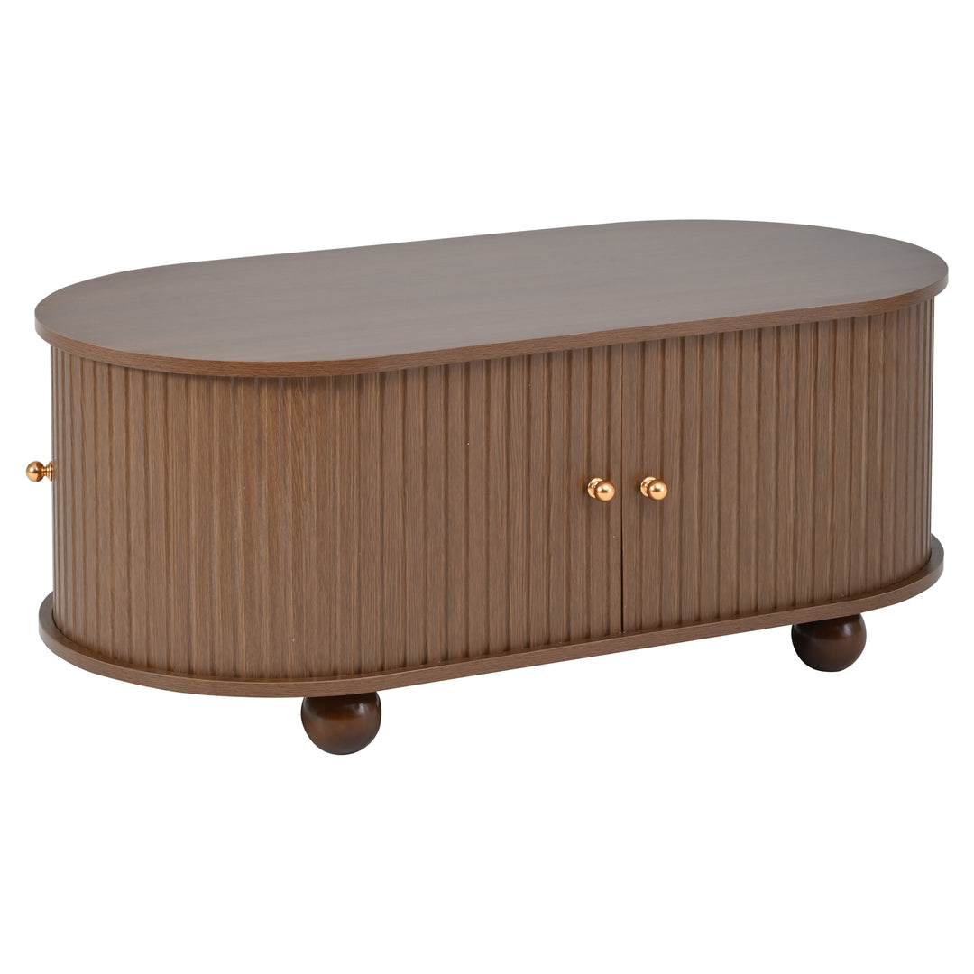 Retro wooden look oval coffee table with 2 sliding storage doors CUNEIFORMWEDGE