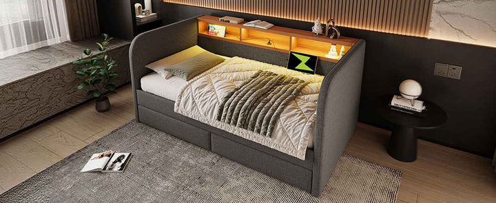 Upholstered Daybed Single 90x190cm Grey Linen with Headboard Storage, LED & USB Type-C, 2 Drawers, Modern Sofa Bed for Bedroom