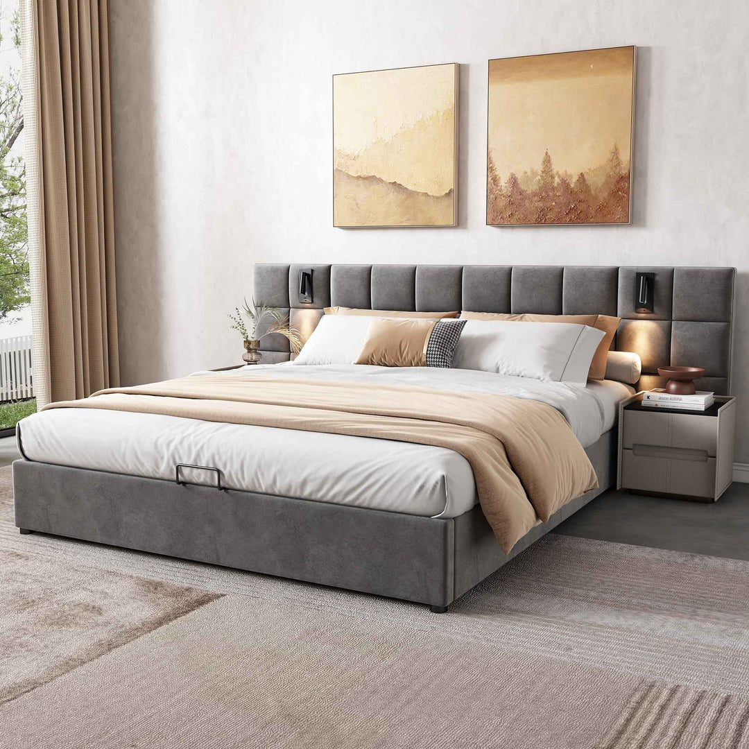 Super king size upholstered ottoman bed 6ft velvet grey with USB charging & lamp, wide headboard no mattress or bedside tables