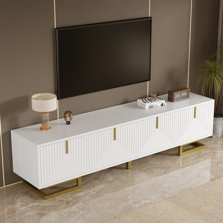 Modern luxury white TV stand textured geometric design with gold accents VIGOURE