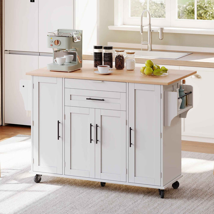 00+Kitchen Island on Wheels, White & Natural MDF, Foldable Tabletop, Adjustable Shelves, Storage Cabinets Rolling Trolley for Dining Room VERTEXZYR