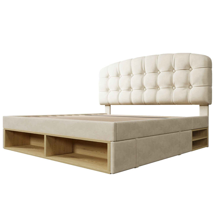Double Bed Frame with Storage Drawers Velvet Upholstered, 135x190cm, Beige, No Mattress BEDRESIN