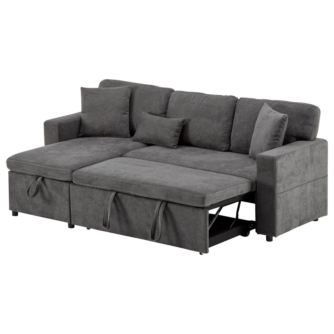 Grey L-shaped corner sofa bed, side shelf with integrated USB and storage VOLATILGAS