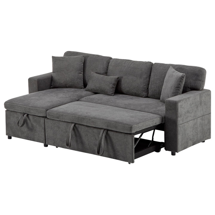 Grey L-shaped corner sofa bed, side shelf with integrated USB and storage VOLATILGAS
