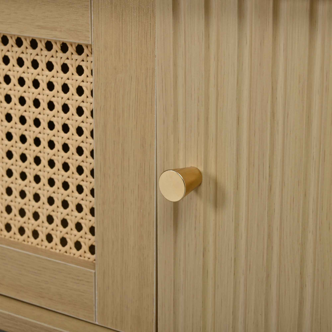 TV stand light wood 1 rattan drawer & 2 sliding doors, rounded corners 180cm
