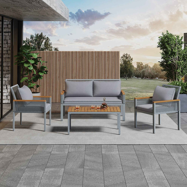 Garden lounge set 4-piece wooden look grey rattan with coffee table INFINITECLAR