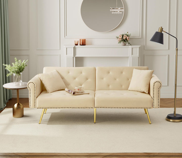 Modern upholstery velvet beige 2-seater sofa bed, adjustable backrest & gold-plated metal feet EUKARYOT