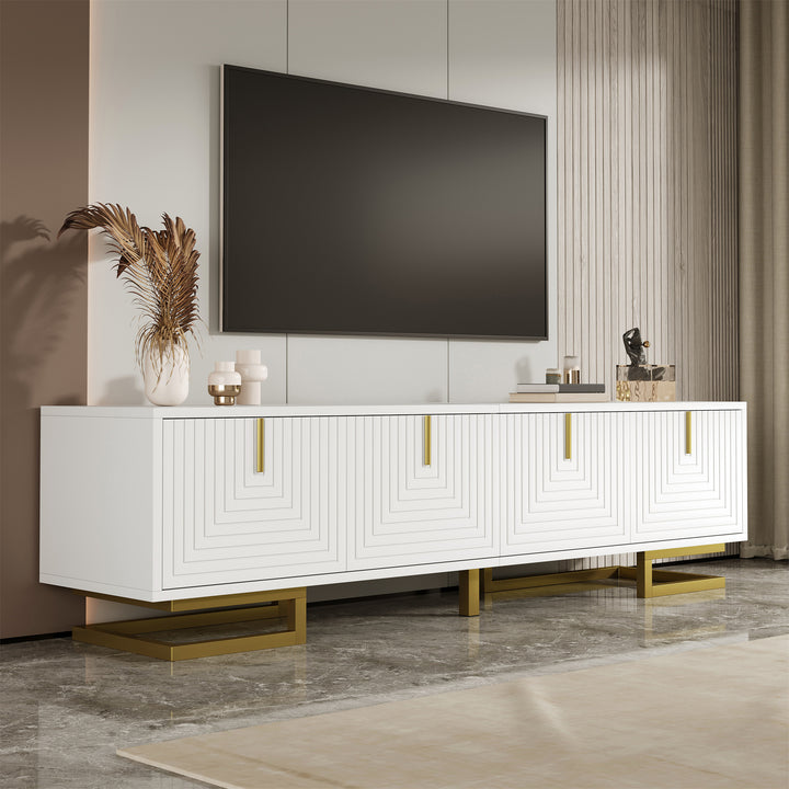 Modern luxury white TV stand textured geometric design with gold accents VIGOURE