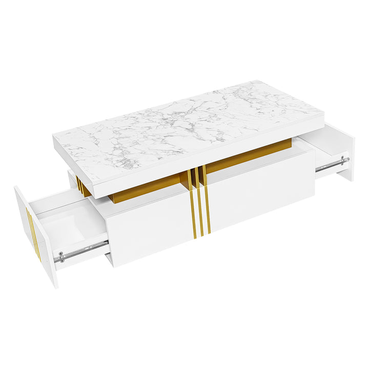 White marble look coffee table with gold accents and 2 drawers CREPUSCRAY