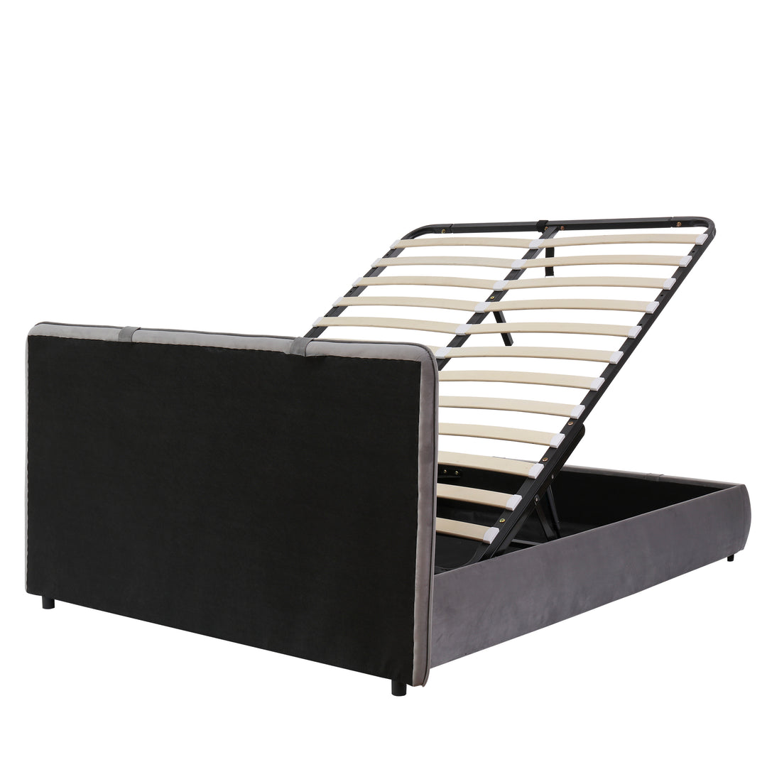 Upholstered velvet grey, hydraulic ottoman double bed with storage function 135×190cm KELPFROND