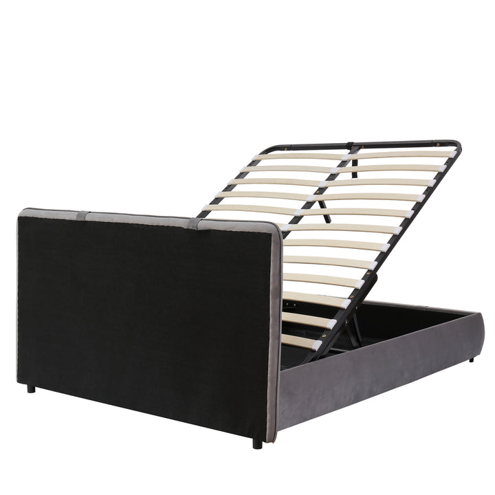 Upholstered velvet grey, hydraulic ottoman double bed with storage function 135×190cm KELPFROND