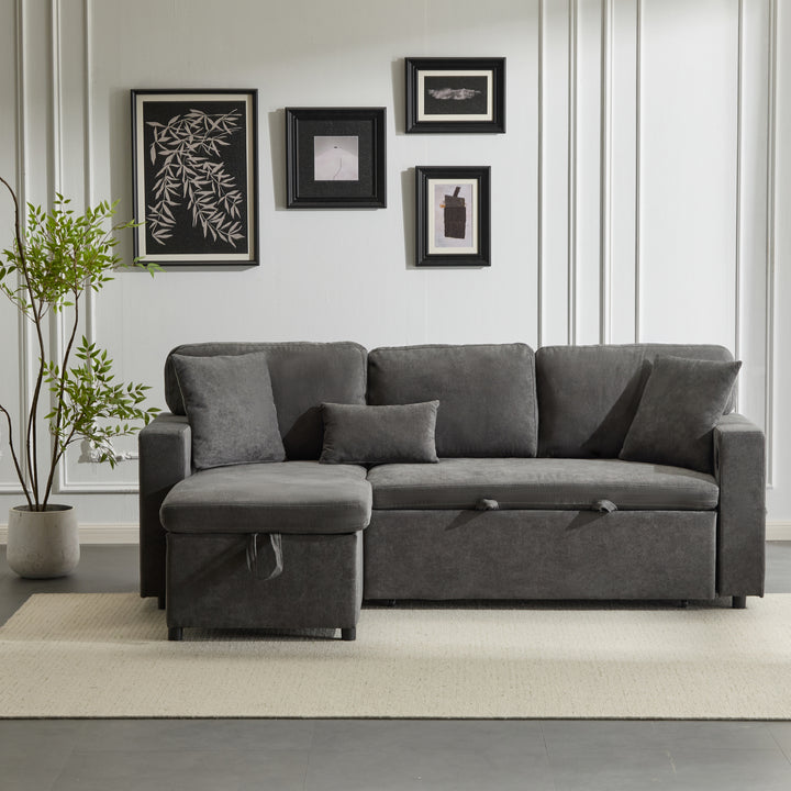 Grey L-shaped corner sofa bed, side shelf with integrated USB and storage VOLATILGAS