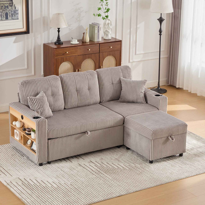 00+缺图 Sofa Bed Light Grey Corduroy 196 cm, Pull-Out Guest Bed with Storage VANITYAIR