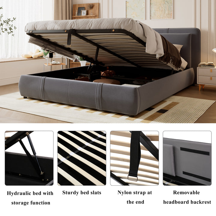 Upholstered velvet grey, hydraulic ottoman double bed with storage function 135×190cm KELPFROND