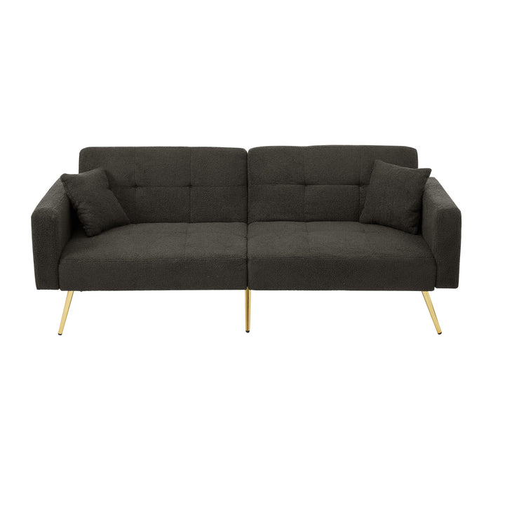 Dark grey sherpa 2-seater sofa bed with gold legs, cushions and side storage pockets VESPERA