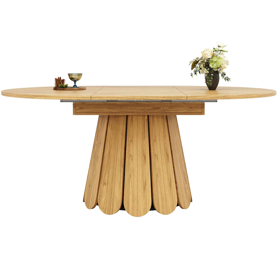 Extendable natural wooden look dining table round to oval 118–158cm INFINITEINFI