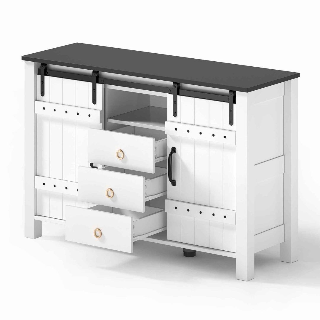 00+Sideboard Cabinet 120cm White with Sliding Doors & 3 Drawers, Rustic Storage Buffet for Kitchen VERTEXLYNX