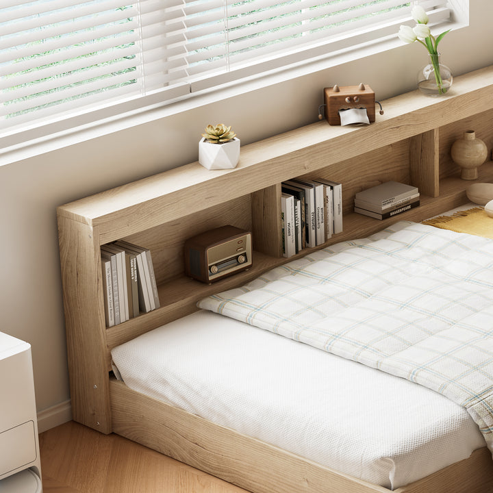 Oak storage single bed with storage shelves, daybed 90x190cm AIRGLOW UK