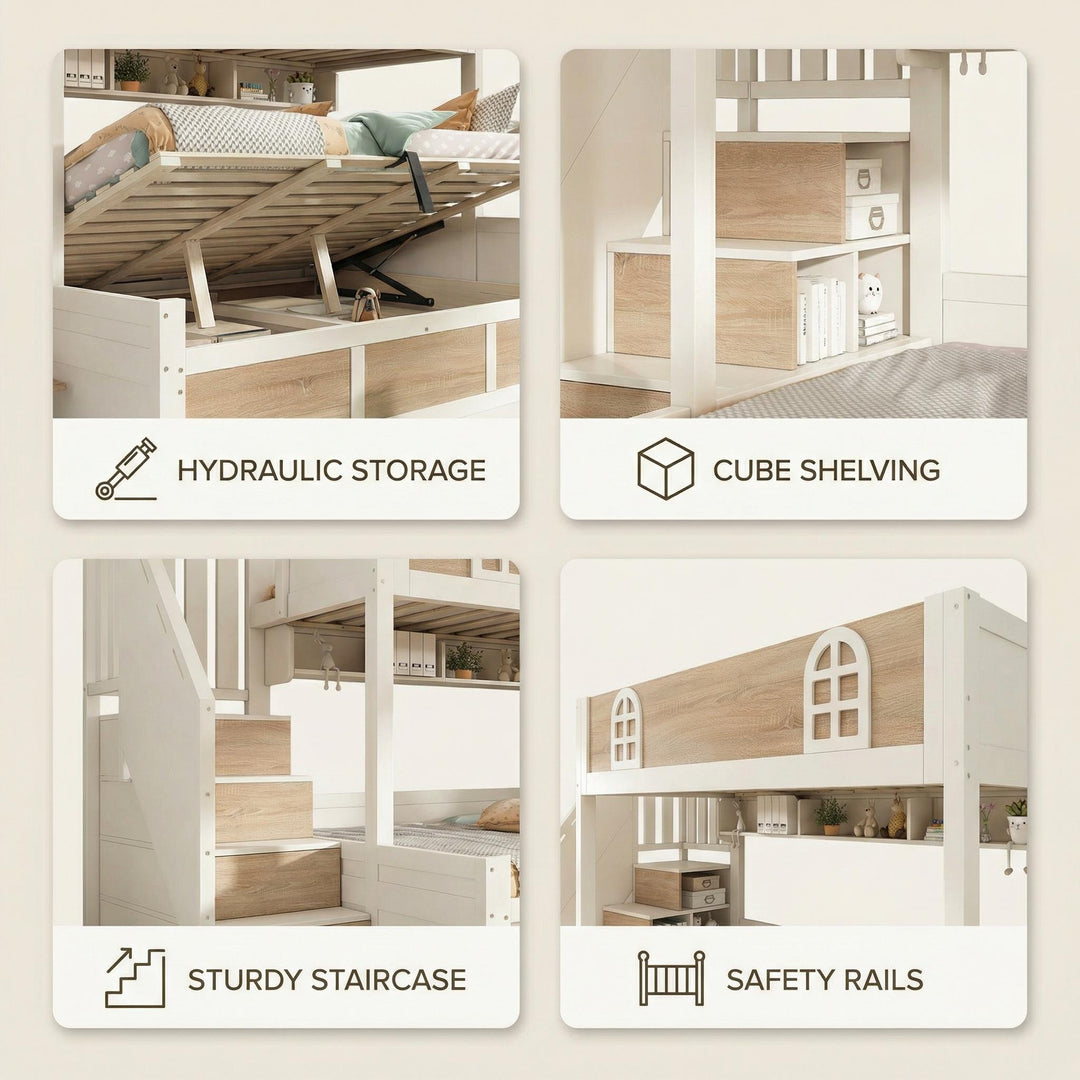 White wooden bunk beds with staircase and storage 90x190cm +135x190cm FOCUSIAL