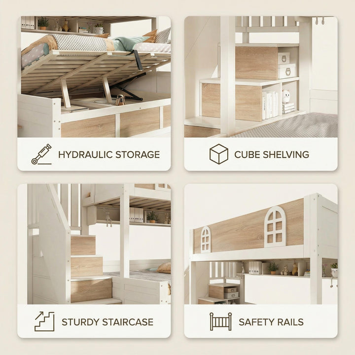 White wooden bunk beds with staircase and storage 90x190cm +135x190cm FOCUSIAL