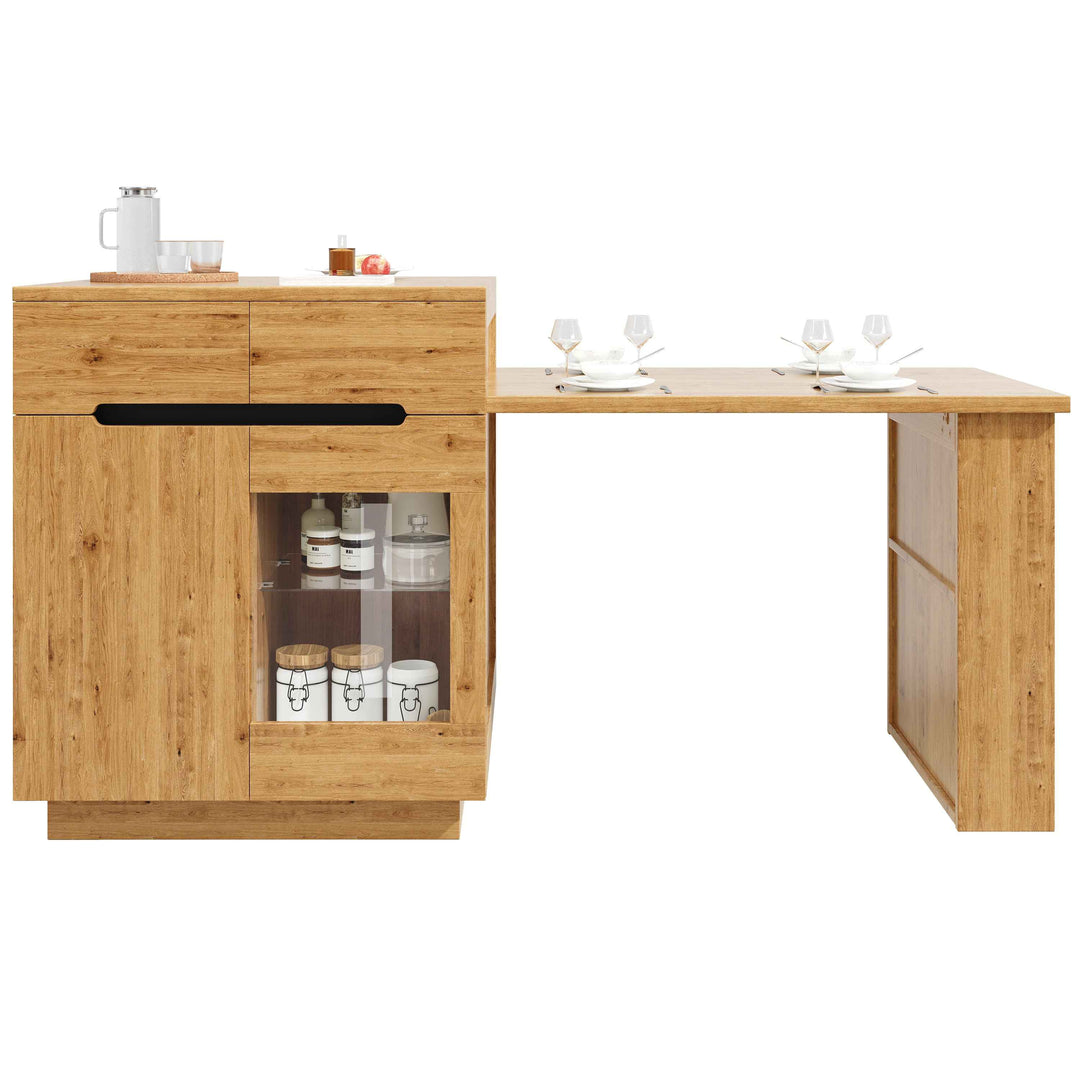 Kitchen island with extendable table, oak effect, LED glass door, 2 drawers INFINITECASC