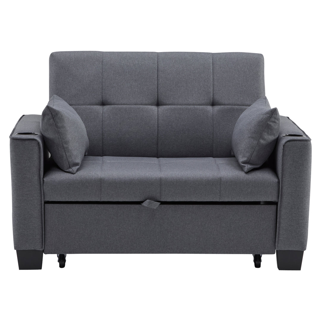 Gray fabric convertible 2-seater sofa bed pull-out design, adjustable backrest, and storage FROSTSTONE