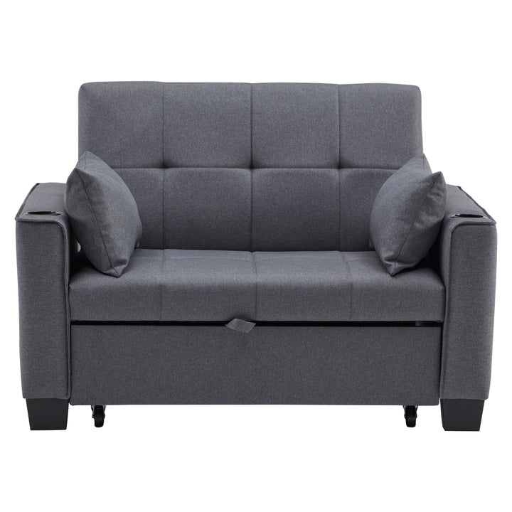 Gray fabric convertible 2-seater sofa bed pull-out design, adjustable backrest, and storage FROSTSTONE
