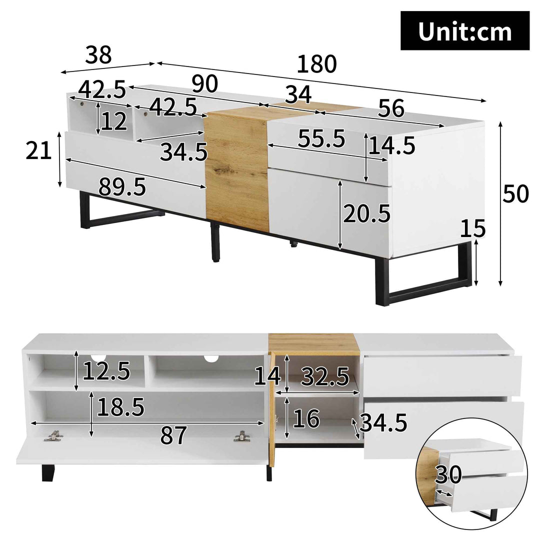 TV Cabinet 180cm White & Wood, MDF, 2 Drawers 2 Doors, Modern Minimalist, Large Storage, Living Room