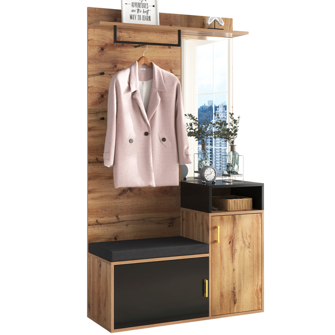 Wooden look entryway coat rack with bench shoe cabinet & mirror CLUBMOSSSPIKE
