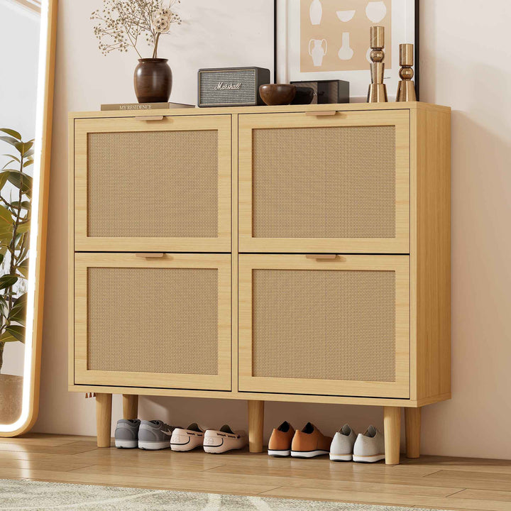 00+Shoe Storage Cabinet Rattan With 4 Flip Drawers Adjustable Shelves Light Oak For Hallway Organiser CONCRETEBOX