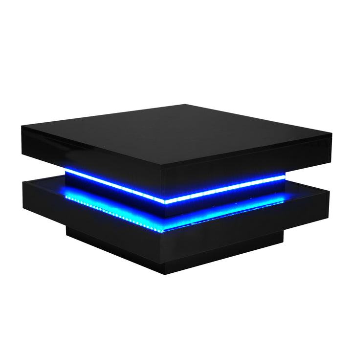 Black high gloss square coffee table with 360° rotating top LED lighting KERATINSCALE