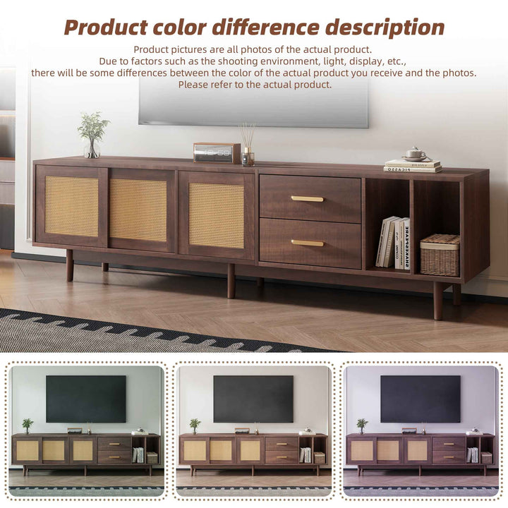TV stand dark wood vintage look with rattan sliding doors & 2 drawers  INFINITERIF