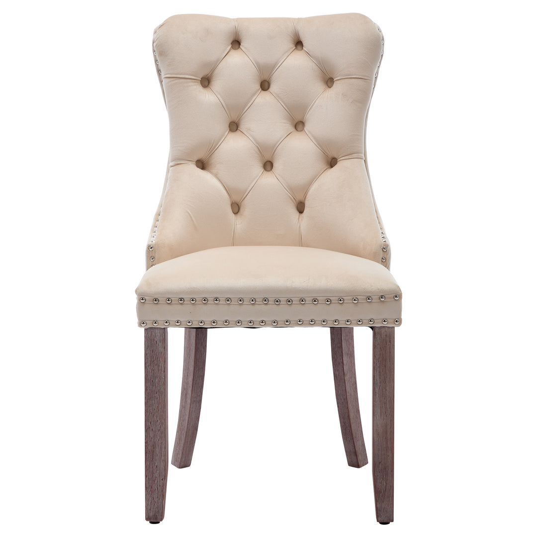 Set of 4 dining chairs velvet beige tufted with solid wood legs, nailheads and back chrome ring ELYSIUMAL
