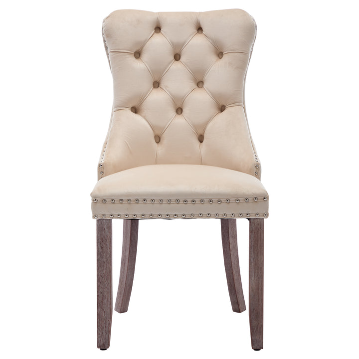 Set of 4 dining chairs velvet beige tufted with solid wood legs, nailheads and back chrome ring ELYSIUMAL