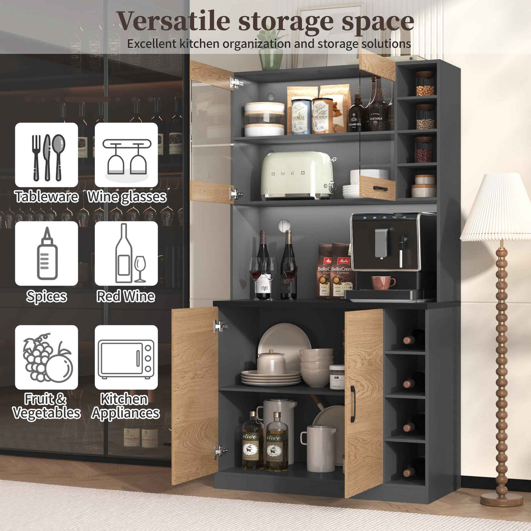 00+Kitchen Tall Cabinet with LED Lighting, Adjustable Shelves, Large Pantry Storage for Microwave VERTEXMORN
